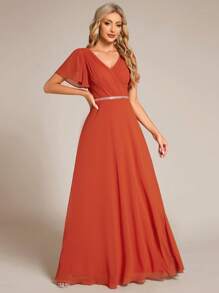 EVERPRETTY Elegant Spring V-Neck Pleated Chiffon Bridesmaid Dresses With Ruffled Sleeves - Burnt Orange - View 3