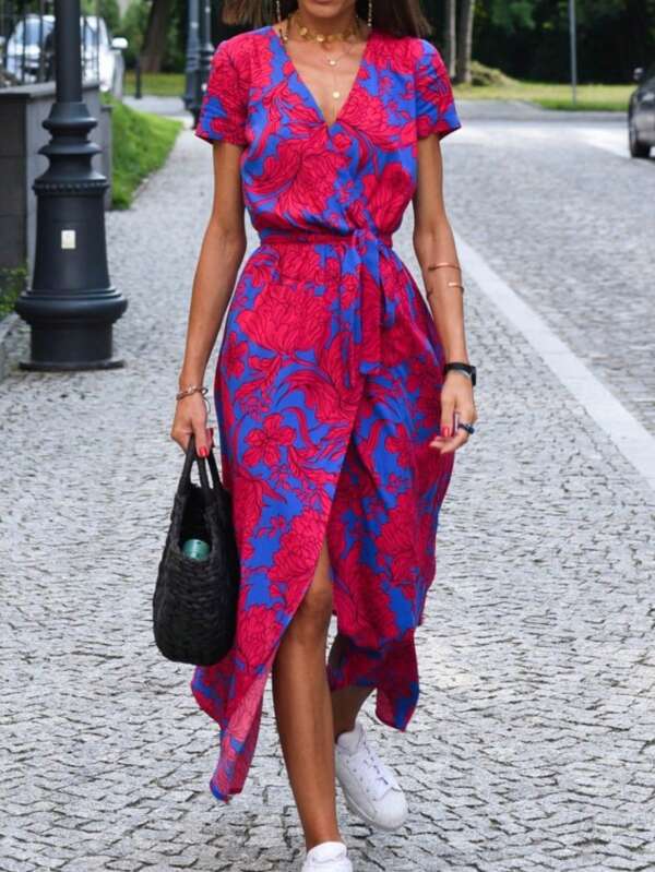 Women's V-Neck Short Sleeve Floral All-Over Print Wrap Dress
