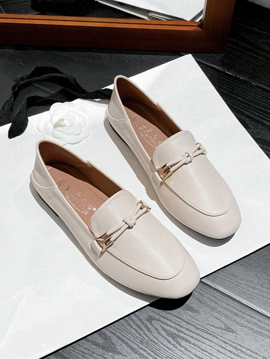 Mengshangli 宽版软底平底一脚蹬女鞋，时尚休闲鞋 - 米色 - 查看 1