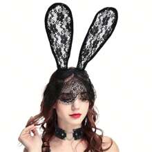 2pcs Lace Black Bunny Ears Headband, Bunny Ear Hairband With Veil, Heart-Shaped Necklace For Easter, Costume Accessory, Rabbit Party Prop, Masquerade Role-Playing Headpiece