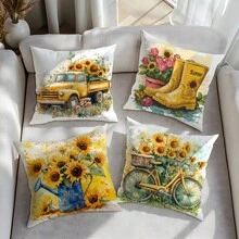 4 件套极简主义夏日向日葵主题枕套套装，单面印花桃绒面料，45*45/50*50/40*40 厘米靠垫套适用于现代简约沙发客厅装饰、礼物、派对装饰 - 彩色 - 查看 8