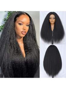 Kinky Straight Lace Front Wig 28Inch Synthetic T-Part 13x5x1 Long Lace Wigs Afro Yaki Straight Wigs Ombre Brown