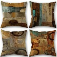 Brown Teal Geometric Print Linen Throw Pillowcases Boom Single Printed Pillow Cover For Living Room Bedroom Couch Sofa Size 45X45cm One Side