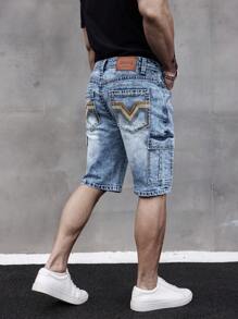 ESDVQ Men's Multi-Pocket Denim Shorts, Elastic Embroidered Cargo Bermuda Shorts Jorts