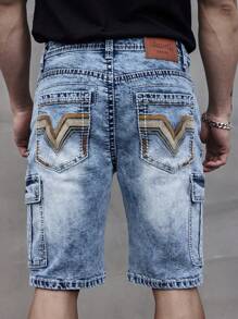 ESDVQ Men's Multi-Pocket Denim Shorts, Elastic Embroidered Cargo Bermuda Shorts Jorts