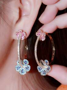 1对女士时尚立方氧化锆花朵耳环，镀金大圆环耳饰，适合订婚、婚礼、新娘、伴娘、派对、舞会等场合，优雅新娘配饰，日常佩戴饰品 - 彩色 - 查看 3