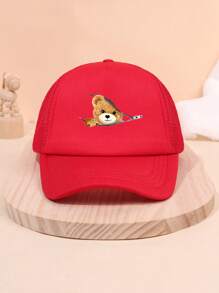 1pc Children Cartoon Bear Printed Baseball Cap, Mesh Breathable Sunshade Fashion Snapback Hat, Suitable For Outdoor Sun Protection, Gift