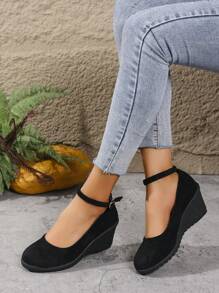 春夏休闲坡跟时尚女鞋，舒适百搭系带扣高跟鞋 - 黑色 - 查看 1