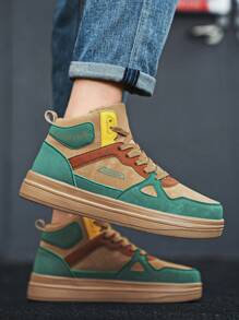 Męskie codzienne, kontrastowe, patchworkowe, nadrukowane litery z przodu, sznurowane, wysokie, płaskie trampki, modne, lekkie, sportowe buty na platformie zwiększające wysokość