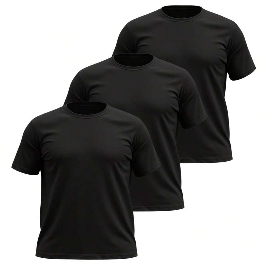 Kit 03 Men's Plus Size Basic Plain T-Shirt 100% Cotton Short Sleeve - Black - View 1