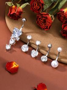 5pcs 14G 316L Stainless Steel Cubic Zirconia Navel Rings, Cute Everyday Elegant Women Belly Button Piercing Jewelry Set, 10mm Bar Length, Pink/White - Style 1 - View 5