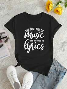 Music Letter Print T-Shirt, Short Sleeve Crew Neck Casual Top For Summer & Spring, Women's Clothing Tee For Adult, Men, Women, Teen, Teenager, Adolescent, Youth - màu đen - Xem 4