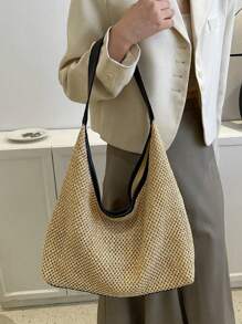 Summer Straw Shoulder Tote Bag With Small Pouch Included - Black - View 2