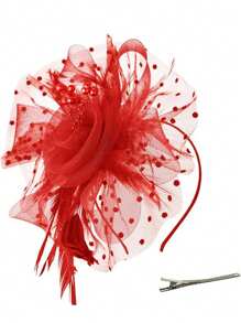 Fascinators Hat Flower Mesh Ribbons Feathers On A Headband And A Clip Tea Party Headwear For Girls And Women Valentine's Day Accessories - Red - View 2