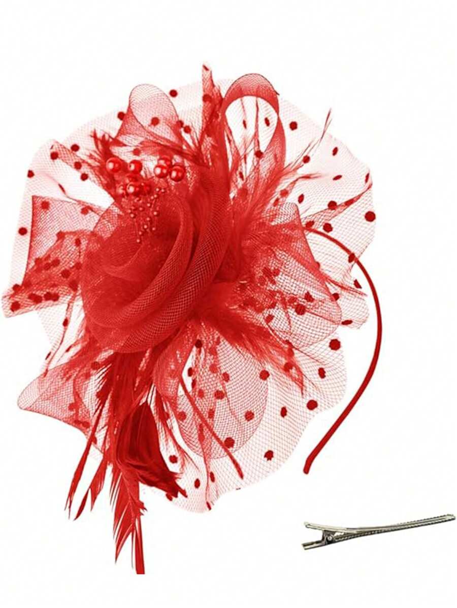 Fascinators Hat Flower Mesh Ribbons Feathers On A Headband And A Clip Tea Party Headwear For Girls And Women Valentine's Day Accessories