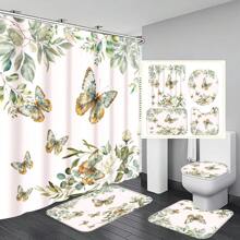 1pc/4pcs Floral Plant & Butterfly Functional Bathroom Decor Set, Includes Waterproof Shower Curtain With 12 Hooks, Anti-Slip Mat, U-Shaped Toilet Mat And Round Toilet Lid Cover, Suitable For All Bathroom Scenes