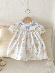 Váy bé gái dễ thương hình gấu, nơ và họa tiết hoa xếp nếp - Màu xanh lam - Xem 9