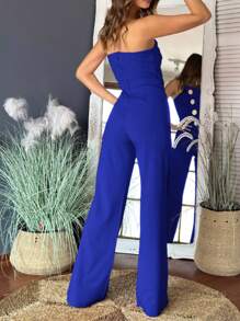 ChicMe Women's Asymmetric Strapless Jumpsuit With Metal Button Decor Summer Elegant - Blue - View 2