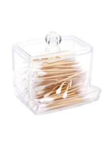 1 件带竹盖的亚克力棉签架、透明小棉签分配器、塑料耳棒棉签架、牙签储存容器、浴室台面装饰性储存收纳盒