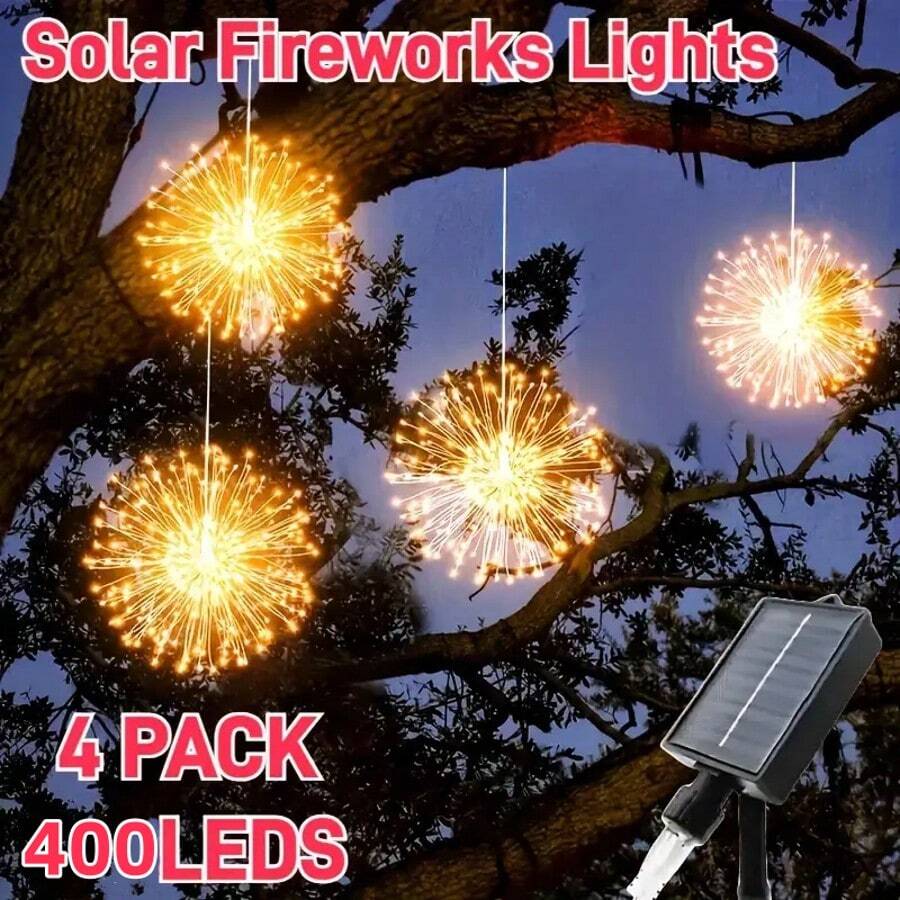 4Pcs 400LEDs Solar Starburst Sphere Lights, Firework Lights 8 Modes Hanging Fairy Light, Dimmable & Copper Wire Fairy Lights For Patio Parties, Tents, Christmas - trắng - Xem 1
