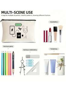 Data Cable, Charger Printed Tote Bag, Portable Tech Accessory Bag, Versatile Travel Makeup Bag With Zipper Closure, Casual Style, Hand Washable, Ideal Gift For Bridesmaids, Teachers, Graduation Ceremony, Wedding, Travel, Commuting, Back To School. - Multicolor - View 4