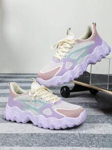 Breathable Dopamine Fashionable Outdoor Couples Road Running Shoes, Unisex Wide Fit, Sweet Elegant Colorful Purple, Stylish Lightweight Lace-Up Casual Sports Sneakers For Women, Comfortable & Non-Fatigued For Everyday Wear, Commute & School