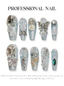 10pcs Heavy Light Blue 3D Rose Metal Butterfly Handmade Nails Acrylic Press On Nails Luxury Lolita Flower Decoration Super Long Coffin Fake Nails Reusable Nails With Jelly Glue And Nail File, DIY Nail Art Supplies, Music Festival Party Daily Wear