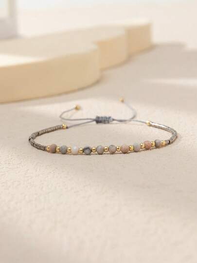 1条波西米亚风雕刻天然石珠可调节绳手链，幸运石友谊情侣手链