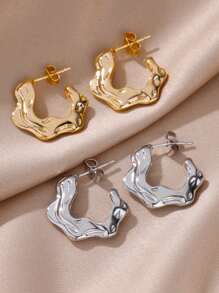 1 par de pendientes irregulares en forma de C para mujeres, de color dorado, de acero inoxidable con diseño geométrico de onda, regalos de joyería para bodas y fiestas - Multicolor - Ver 3