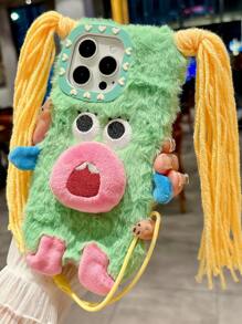 New Fashionable Cartoon Funny Cute Plush DIY Braid Expression Phone Case, Compatible With Apple 11/12/13/14/15/16/17 Pro/Pro Max, Shock-Proof Protection