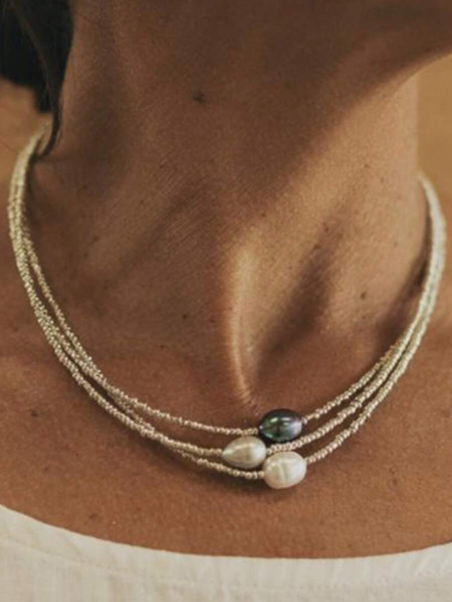 Fashion Retro Natural Freshwater Pearl Necklace Three-Piece Set For Women's Daily Wear - 三件套裝 - 查看 1