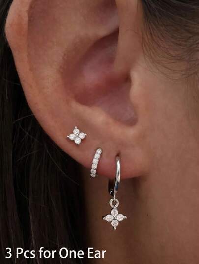 3 Pcs Hoop Stud Earrings Set, Dainty Small Hoop Earrings Set Multiple Piercing Cute CZ Flower Huggie Stud Earring 14K Gold Lightweight Hypoallergenic Cartilage Earrings Jewelry For Women