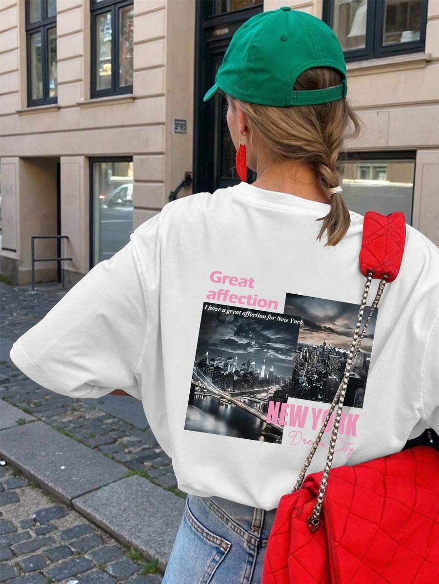 Great Affection & New York 印花宽松女士短袖夏季