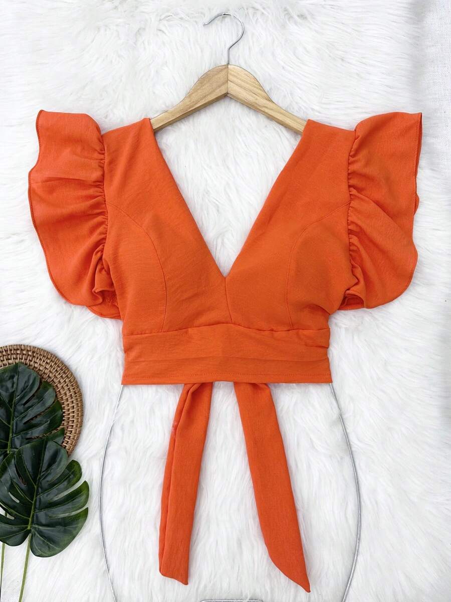 Cropped Blouse With Padding And Tied At The Back, Women's Fashion - Naranja - Ver 1