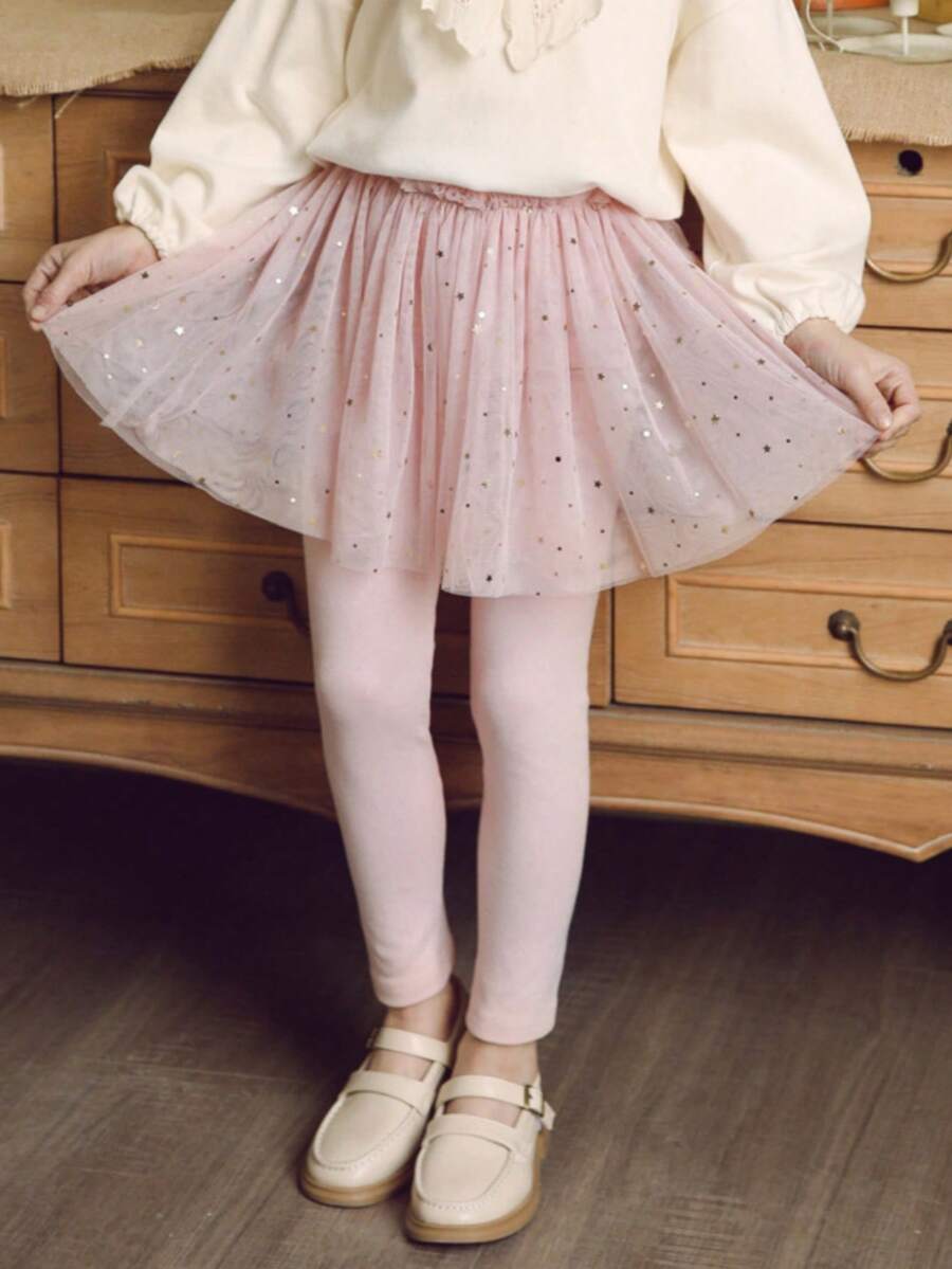 Girls' Lace Tulle Skirt Leggings, Korean Glitter Star Children Skort, Spring & Autumn