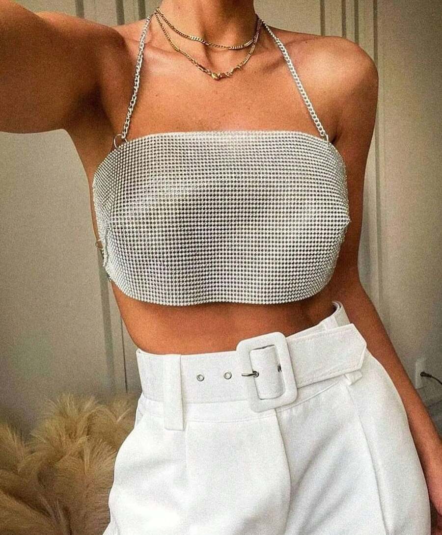 Cropped Top With Shiny Rhinestone Bandage Party - Plateado - Ver 1