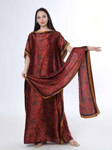 1pc Style Printed Robe With Headscarf For Women, Casual Vacation Robe - Multicolor - View 6