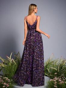 Mgiacy-花卉新款背心浪漫伴娘礼服印花褶饰腰带长裙 - 紫色 - 查看 2