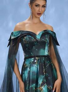 DELLA COUTURE Royal And Glamorous Dark Green Off The Shoulder Train Evening Gown, Wedding Guest Dress ​ Exquisite Floral Print Hand-Embroidered Beads Luxury Formal Wear For Weddings, Galas And Banquets Elegant Romantic Women's Party Dress Summer Collection - Dark Green - View 2