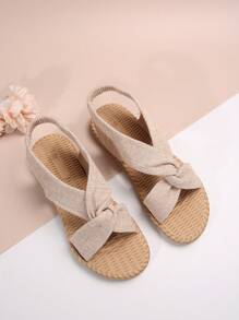 Damen römischer Stil Sandalen mit elastischem Riemen und Geflecht-Sohle, modische, leichte und vielseitige Flachsandalen für den Sommer - Beige - Übersicht 4