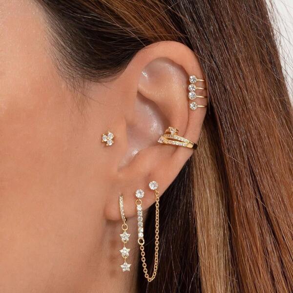 5 peças/conjunto - brincos de microzircônia com borlas de estrelas para mulheres, conjunto de brincos de joias exageradas empilhadas assimétricas, também adequados para usuários de orelhas não furadas