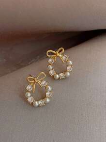 1 Pair Cute Faux Pearl Bow Floral Wreath Design Stud Earrings, Suitable For Girls, An Ideal Gift Choice - one-size - View 3