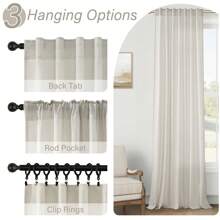Topfinel 2 Panels Set Linen Blend Boho Curtains For Living Room Bedroom Back Tab Rod Pocket Clip Rings Semi-Transparent Curtains Home Decor Machine Washable - Beige - View 7