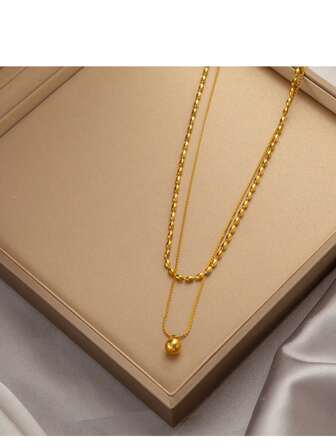 1 件时尚双层不锈钢串珠项链，适合女性日常佩戴或派对场合