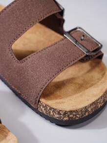 女士深棕色双带金属扣舒适皮革和软木平底凉鞋 - 巧克力棕 - 查看 10