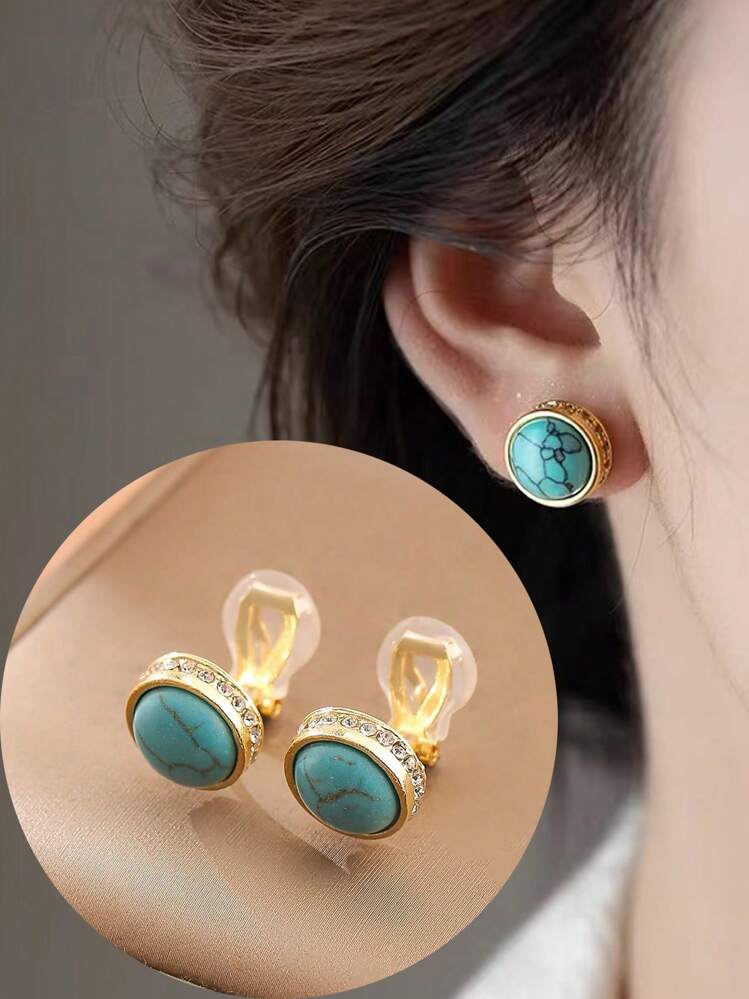 一对时尚水钻绿松石圆形夹式耳环，优雅耳环，适合女性日常佩戴，节日礼物 - 藍色耳夾 - 查看 2