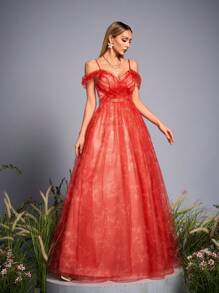 Mgiacy New Arrival V Neck Tank Romantic Bridesmaid Dress Printed Ruched Mesh Overlay Tutu Skirt - Red - View 3