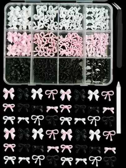 1 caja de decoraciones de arte de uñas de lazos de resina mixtos al azar, accesorios de arte de uñas de mariposas huecas de cinta rosa linda, suministros de uñas DIY, gemas para uñas