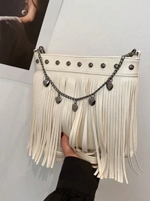 New Rivet Retro Women Crossbody Bag, Versatile Tassel Shoulder Bag With Heart Shaped Chain, Suitable For Outing, Date, Commuting - White - View 3