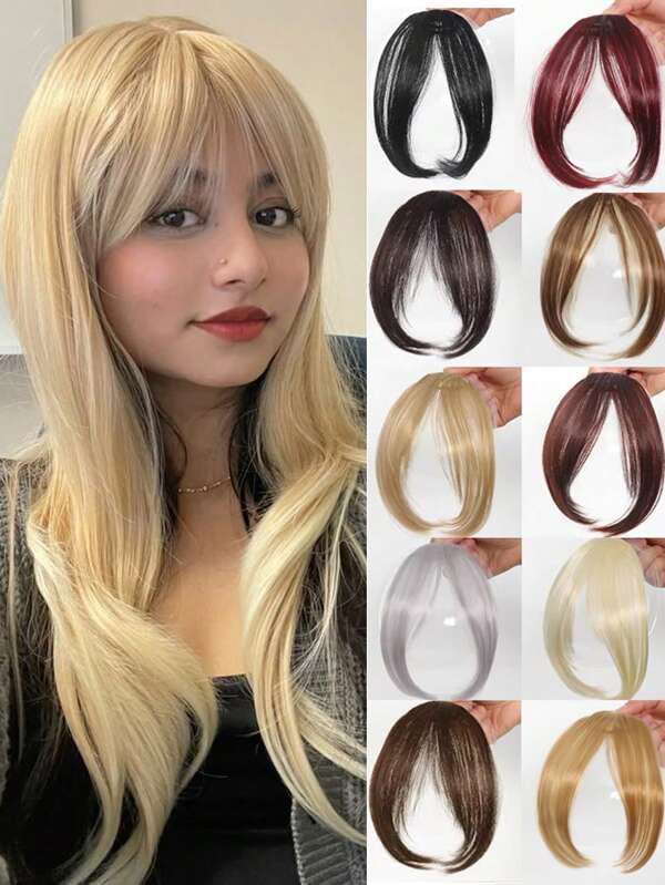 1 pieza Postizo de flequillo con patillas largas, flequillo sintético grueso marrón, negro, rubio, gris para mujeres, extensión de cabello con flequillo plano y ordenado para uso diario